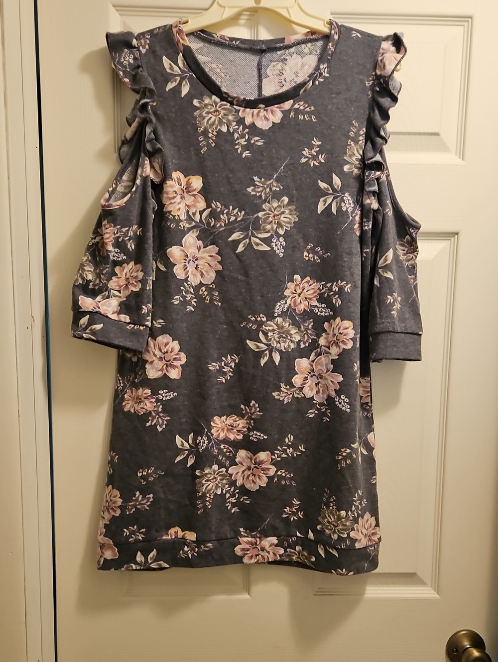 Cold-Shoulder Floral Dress in Charcoal with Blush Flowers